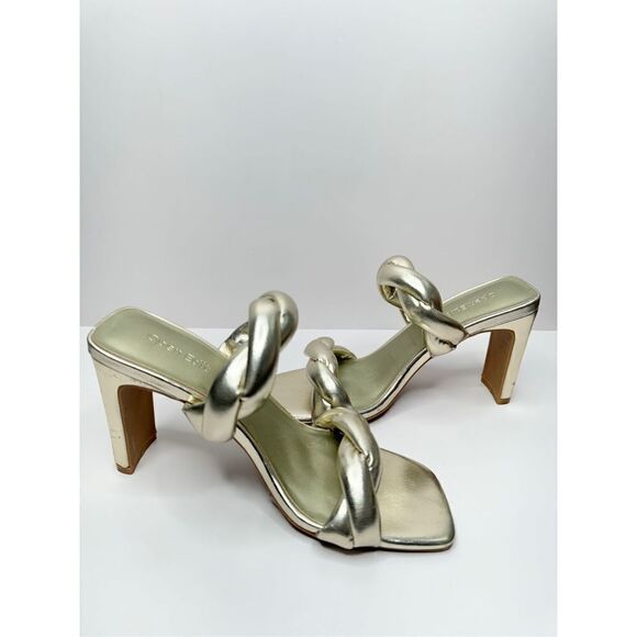 Open‎ Edit Sandals Womens Size 6.5 Gold Braided Double Strap Slip On Heels - Picture 4 of 8